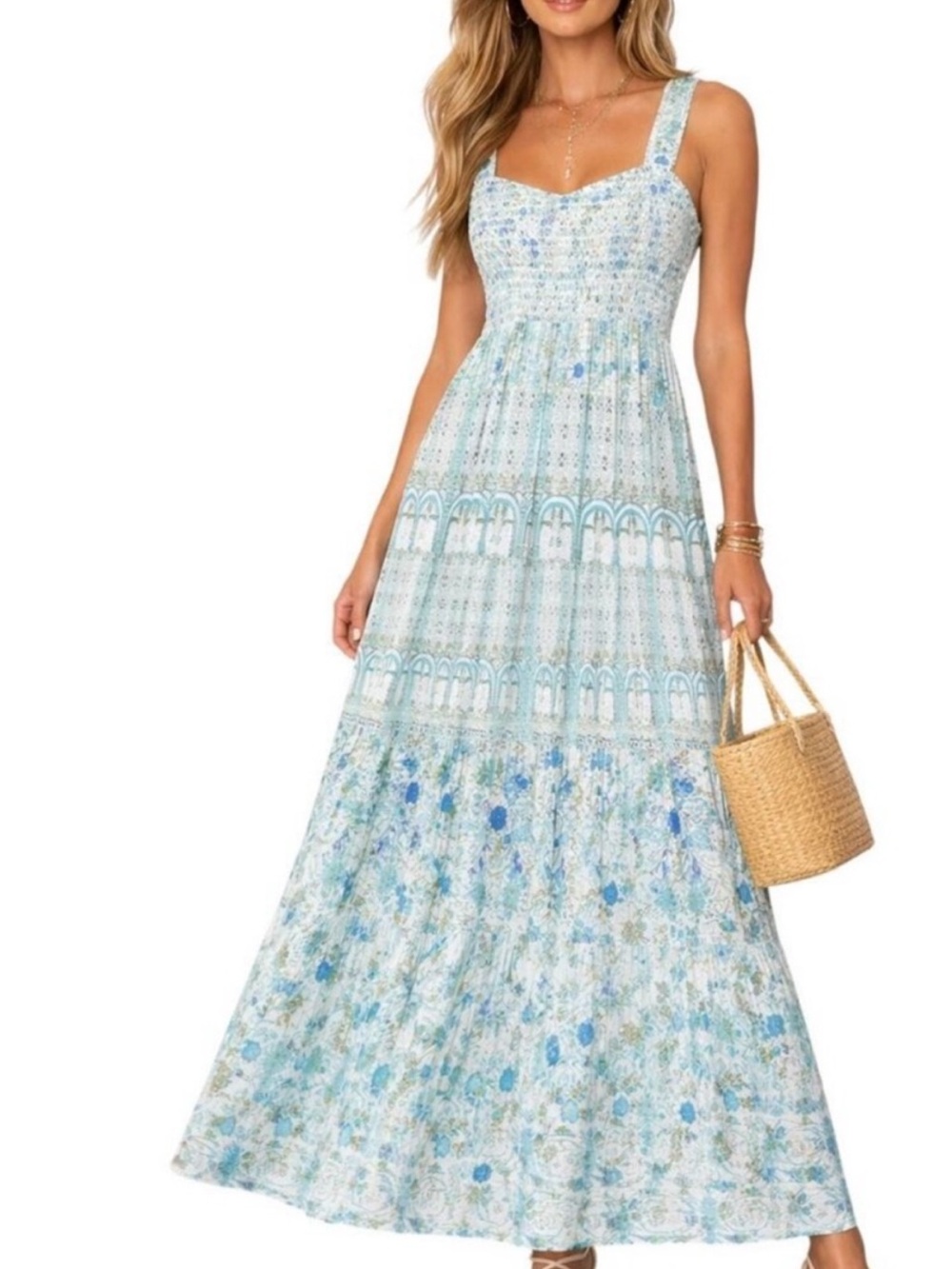 Rococo Sands Dress Elan Maxi Tank Smocked in Blue Green Floral